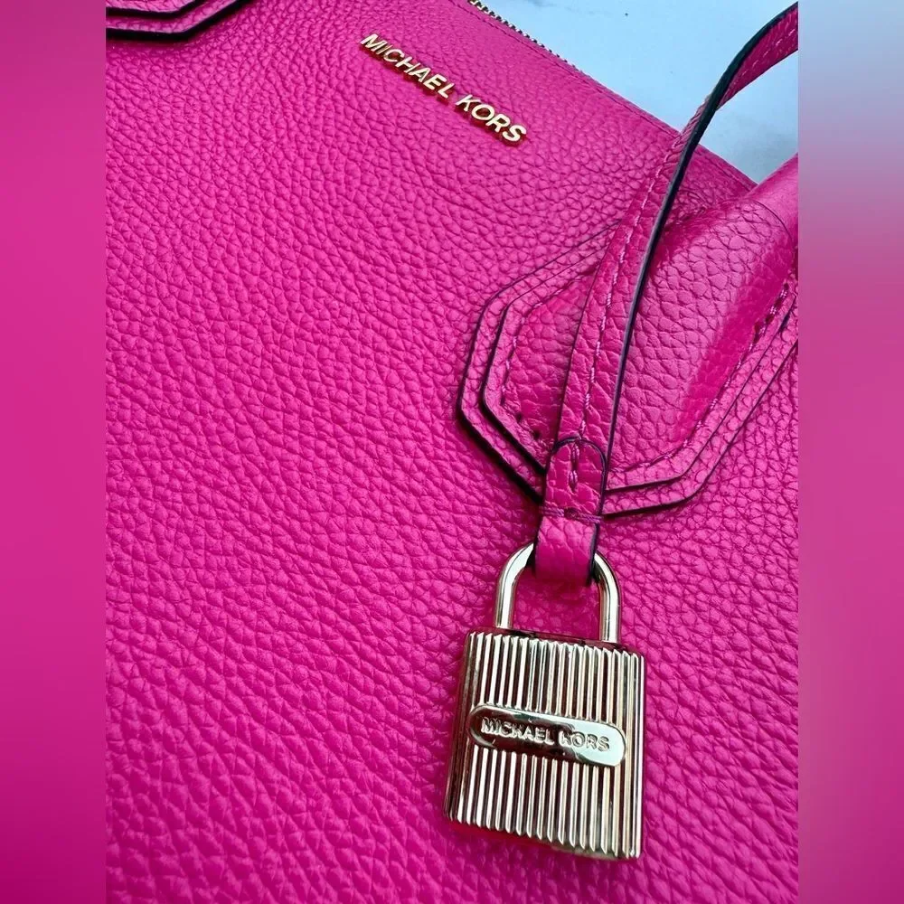 Michael Kors Fuchsia Pink Satchel – Pebbled Leather + Gold Lock & Strap - Picture 3 of 16